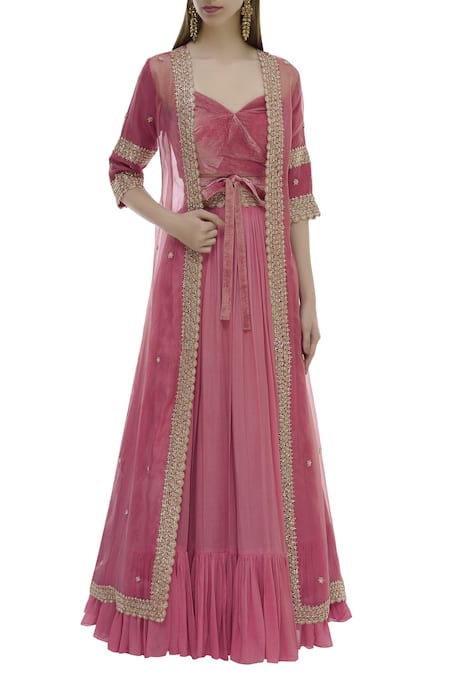 Pleats by Kaksha and Dimple Pink Velvet Sweetheart Neck Embroidered Jacket Lehenga Set