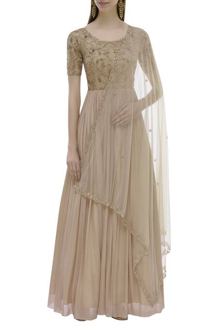 Buy_Pleats By Kaksha And Dimple_Off White Soft Net Round Neck Embroidered Anarkali With Dupatta_Online_at_Aza_Fashions