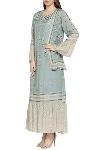 Soup By Sougat Paul_Blue Cotton Dress Round Neck Printed With Jacket _Online_at_Aza_Fashions