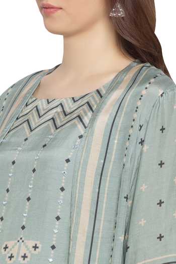 Buy_Soup By Sougat Paul_Blue Cotton Dress Round Neck Printed With Jacket _Online_at_Aza_Fashions