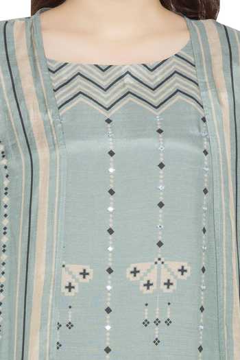 Shop_Soup By Sougat Paul_Blue Cotton Dress Round Neck Printed With Jacket _Online_at_Aza_Fashions