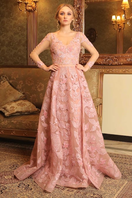 Amit GT Pink Tulle Round Embroidered Gown  