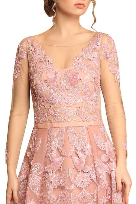Amit GT_Pink Tulle Round Embroidered Gown  _at_Aza_Fashions