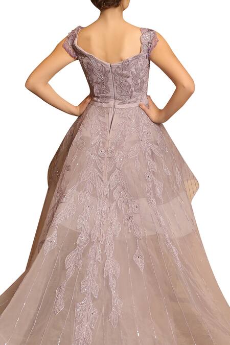 Shop_Amit GT_Purple Tulle Diamond Neck Embellished Peplum Gown  _at_Aza_Fashions