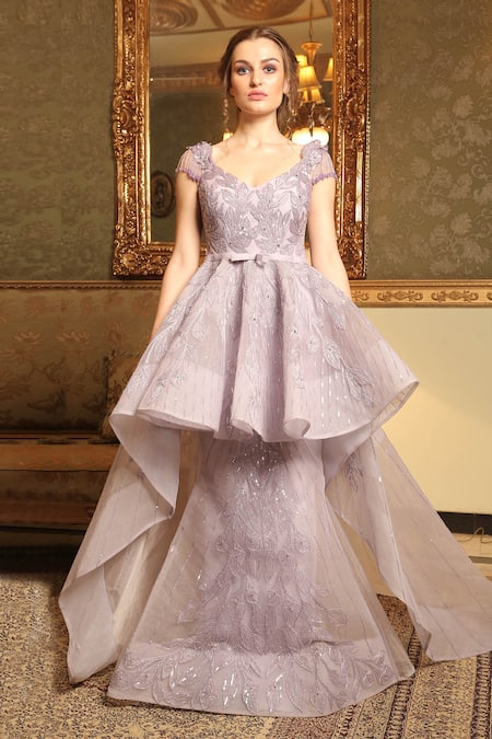 Amit GT Purple Tulle Diamond Neck Embellished Peplum Gown  