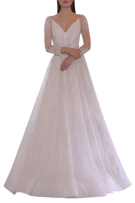 Buy_Amit GT_White Tulle V Neck Embroidered Gown _Online_at_Aza_Fashions