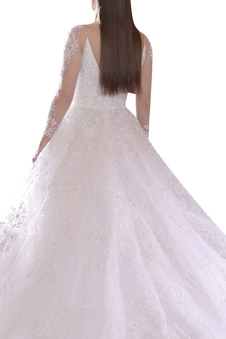 Shop_Amit GT_White Tulle V Neck Embroidered Gown _at_Aza_Fashions