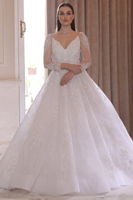 White Ball Gown Wedding Dresses Appliques Long Sleeve Sweep Train Wedding  Gowns | eBay