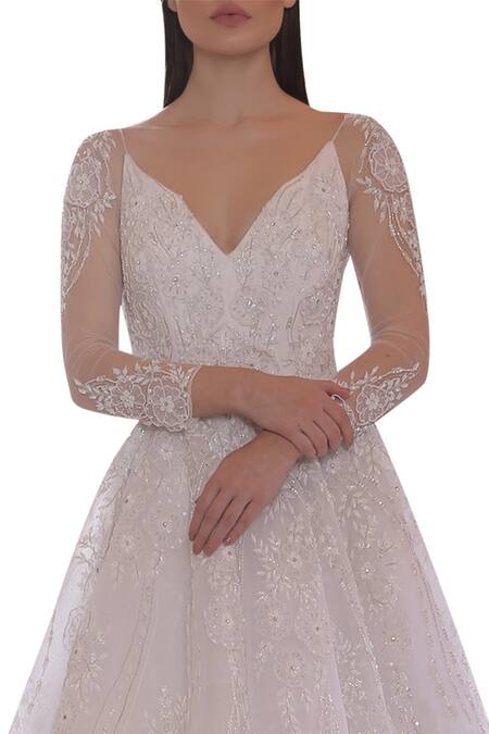 Shop Amit GT White Tulle V Neck Embroidered Gown Online at Aza Fashions Shop_Amit GT_White Tulle V Neck Embroidered Gown _Online_at_Aza_Fashions