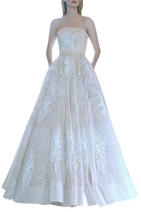 Amit GT_Beige Tulle Embroidered Gown  _Online_at_Aza_Fashions