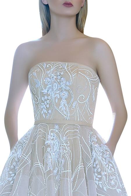 Buy_Amit GT_Beige Tulle Embroidered Gown  _Online_at_Aza_Fashions