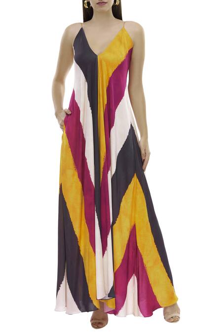 Saaksha & Kinni_Multi Color Satin Twill V Neck Printed Maxi Dress_Online_at_Aza_Fashions