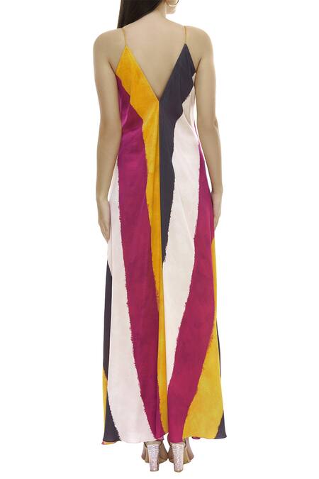 Shop_Saaksha & Kinni_Multi Color Satin Twill V Neck Printed Maxi Dress_at_Aza_Fashions