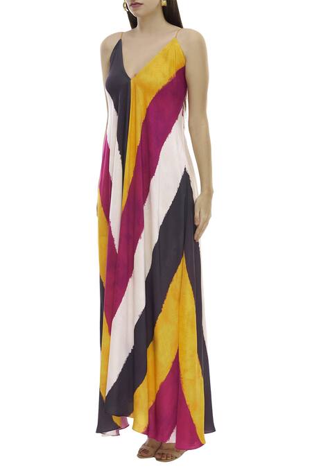 Buy_Saaksha & Kinni_Multi Color Satin Twill V Neck Printed Maxi Dress_Online_at_Aza_Fashions