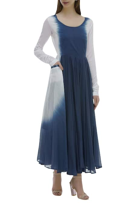 Ka-Sha Blue Mul Round Neck Dyed Dress  