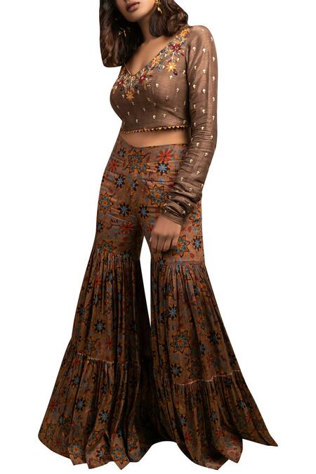 Shop Drishti & Zahabia Brown Silk Embroidered Crop Top Sharara Set at Aza Fashions Shop_Drishti & Zahabia_Brown Silk Embroidered Crop Top Sharara Set_at_Aza_Fashions