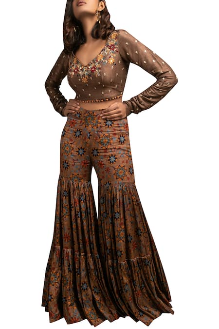 Drishti & Zahabia Brown Silk Embroidered Crop Top Sharara Set