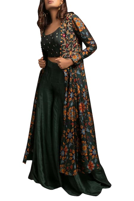 Drishti & Zahabia Green Silk Printed Crop Top Jacket Set