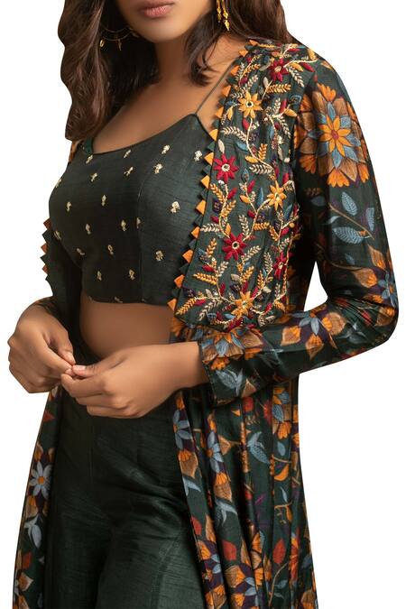 Drishti & Zahabia_Green Silk Printed Crop Top Jacket Set_Online_at_Aza_Fashions