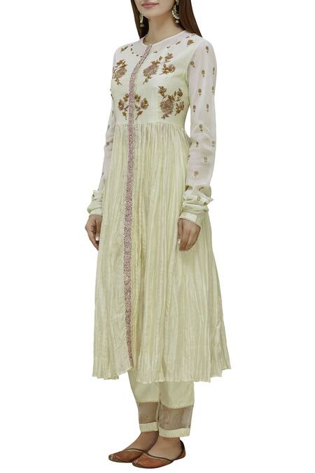 Neeta Bhargava Cream Cotton Silk Round Neck Embroidered Anarkali Set Online at Aza Fashions Neeta Bhargava_Cream Cotton Silk Round Neck Embroidered Anarkali Set _Online_at_Aza_Fashions