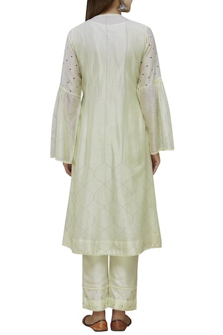 Shop Neeta Bhargava White Cotton Silk Inner Round Neckline, Kurta Hand Painted And Pant Set at Aza Fashions Shop_Neeta Bhargava_White Cotton Silk Inner Round Neckline, Kurta Hand Painted And Pant Set _at_Aza_Fashions