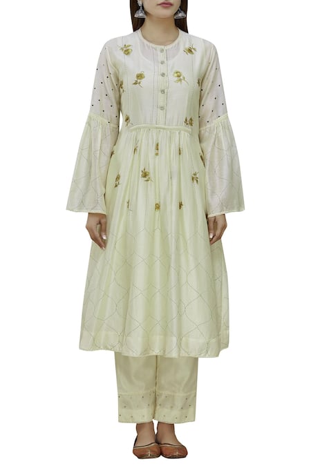 Neeta Bhargava White Cotton Silk Inner Round Neckline, Kurta Hand Painted And Pant Set Online at Aza Fashions Neeta Bhargava_White Cotton Silk Inner Round Neckline, Kurta Hand Painted And Pant Set _Online_at_Aza_Fashions