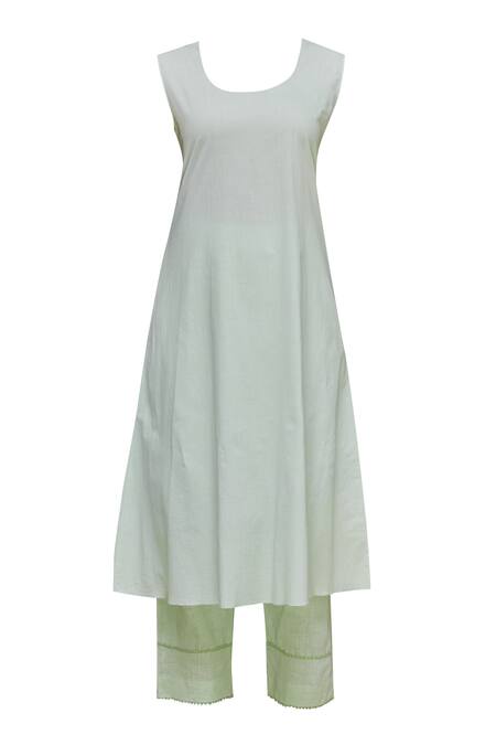 Buy_Neeta Bhargava_Green Cotton Silk Kurta Mandarin Collarinner Round Neckline Hand Painted Set _Online_at_Aza_Fashions