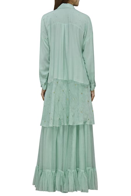 Shop Neeta Bhargava Green Organic Cotton Stand Fall Collar High Low Tunic at Aza Fashions Shop_Neeta Bhargava_Green Organic Cotton Stand Fall Collar High Low Tunic _at_Aza_Fashions