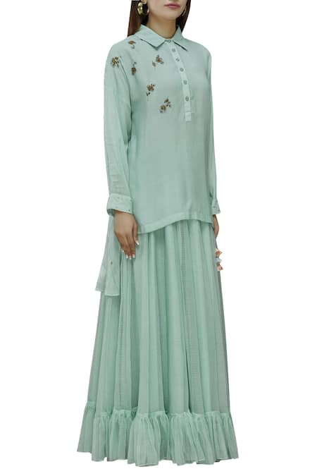 Neeta Bhargava Green Organic Cotton Stand Fall Collar High Low Tunic Online at Aza Fashions Neeta Bhargava_Green Organic Cotton Stand Fall Collar High Low Tunic _Online_at_Aza_Fashions