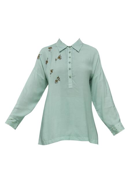 Shop Neeta Bhargava Green Organic Cotton Stand Fall Collar High Low Tunic Online at Aza Fashions Shop_Neeta Bhargava_Green Organic Cotton Stand Fall Collar High Low Tunic _Online_at_Aza_Fashions