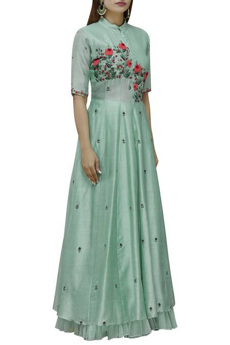 Neeta Bhargava_Green Mandarin Collar Embroidered Kurta Lehenga Set _Online_at_Aza_Fashions