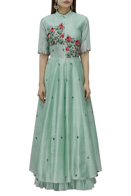 Buy_Neeta Bhargava_Green Mandarin Collar Embroidered Kurta Lehenga Set _Online_at_Aza_Fashions