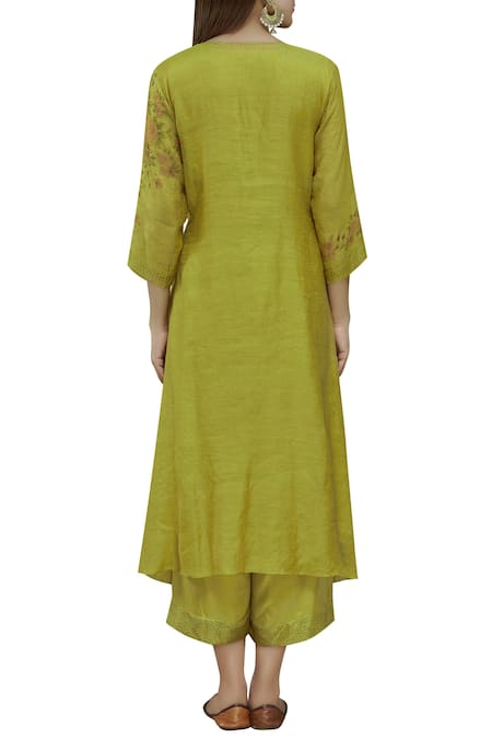 Shop Neeta Bhargava Green Tissue, Cotton Silk Inner Round Neckline, Kurta Asymmetric Set at Aza Fashions Shop_Neeta Bhargava_Green Tissue, Cotton Silk Inner Round Neckline, Kurta Asymmetric Set _at_Aza_Fashions