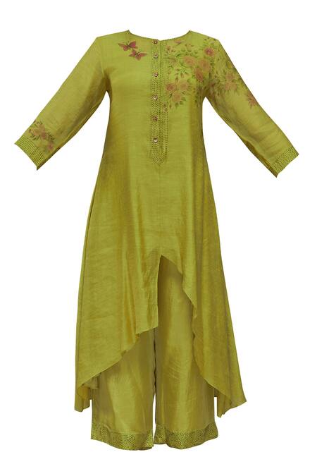 Neeta Bhargava Green Tissue, Cotton Silk Inner Round Neckline, Kurta Asymmetric Set Online at Aza Fashions Neeta Bhargava_Green Tissue, Cotton Silk Inner Round Neckline, Kurta Asymmetric Set _Online_at_Aza_Fashions