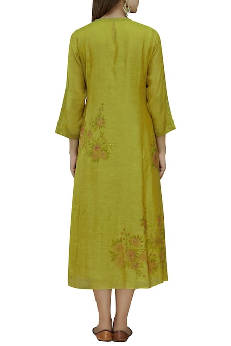 Shop Neeta Bhargava Green Cotton Silk, Kota Doriya Tunic Round Neckline Hand Painted Jacket With at Aza Fashions Shop_Neeta Bhargava_Green Cotton Silk, Kota Doriya Tunic Round Neckline Hand Painted Jacket With _at_Aza_Fashions