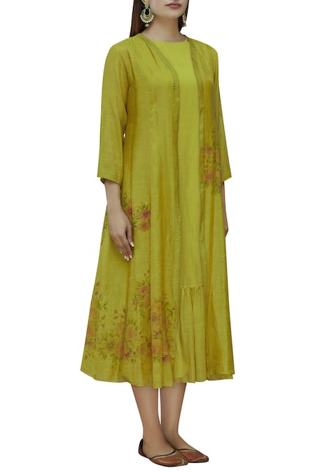 Neeta Bhargava Green Cotton Silk, Kota Doriya Tunic Round Neckline Hand Painted Jacket With Online at Aza Fashions Neeta Bhargava_Green Cotton Silk, Kota Doriya Tunic Round Neckline Hand Painted Jacket With _Online_at_Aza_Fashions