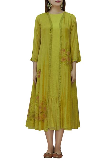 Buy Neeta Bhargava Green Cotton Silk, Kota Doriya Tunic Round Neckline Hand Painted Jacket With Online at Aza Fashions Buy_Neeta Bhargava_Green Cotton Silk, Kota Doriya Tunic Round Neckline Hand Painted Jacket With _Online_at_Aza_Fashions