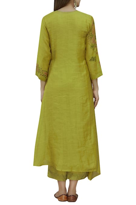 Shop Neeta Bhargava Green Cotton Silk Inner Round Neckline, Kurta Hand Painted Set at Aza Fashions Shop_Neeta Bhargava_Green Cotton Silk Inner Round Neckline, Kurta Hand Painted Set _at_Aza_Fashions
