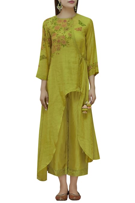 Neeta Bhargava Green Cotton Silk Inner Round Neckline, Kurta Hand Painted Set Online at Aza Fashions Neeta Bhargava_Green Cotton Silk Inner Round Neckline, Kurta Hand Painted Set _Online_at_Aza_Fashions