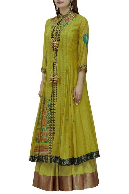 Neeta Bhargava_Green Tissue, Cotton Silk Jacket Mandarin Hand Painted Lehenga Set _Online_at_Aza_Fashions