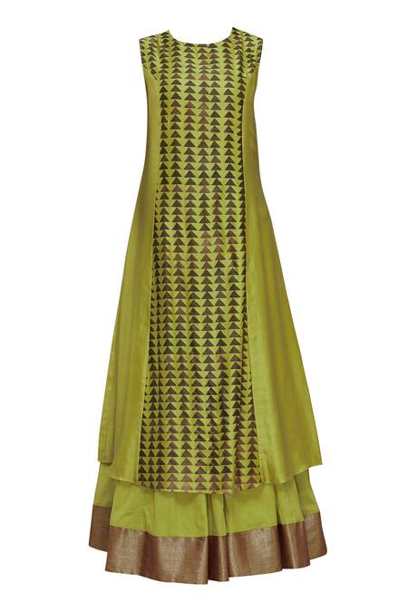 Buy_Neeta Bhargava_Green Tissue, Cotton Silk Jacket Mandarin Hand Painted Lehenga Set _Online_at_Aza_Fashions