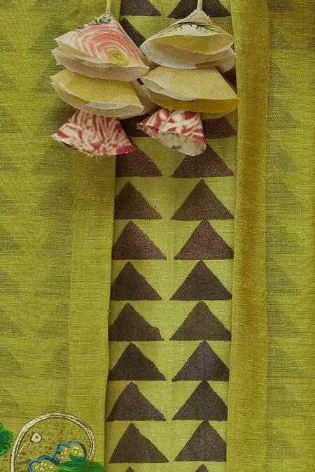 Neeta Bhargava_Green Tissue, Cotton Silk Jacket Mandarin Hand Painted Lehenga Set _at_Aza_Fashions