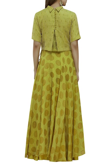 Shop Neeta Bhargava Green Tissue, Cotton Silk Crop Top Band Collarinner Round Printed Lehenga Set at Aza Fashions Shop_Neeta Bhargava_Green Tissue, Cotton Silk Crop Top Band Collarinner Round Printed Lehenga Set _at_Aza_Fashions