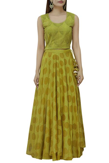 Neeta Bhargava Green Tissue, Cotton Silk Crop Top Band Collarinner Round Printed Lehenga Set Online at Aza Fashions Neeta Bhargava_Green Tissue, Cotton Silk Crop Top Band Collarinner Round Printed Lehenga Set _Online_at_Aza_Fashions