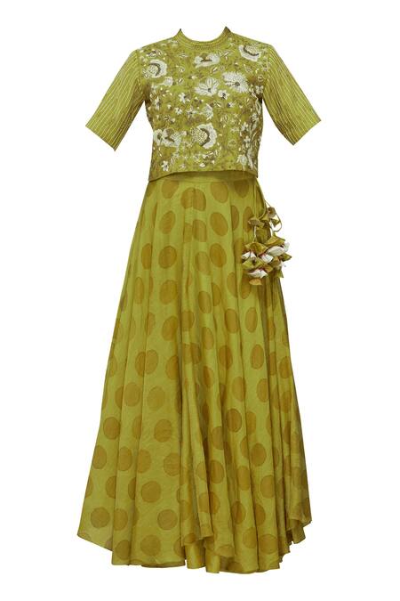 Buy Neeta Bhargava Green Tissue, Cotton Silk Crop Top Band Collarinner Round Printed Lehenga Set Online at Aza Fashions Buy_Neeta Bhargava_Green Tissue, Cotton Silk Crop Top Band Collarinner Round Printed Lehenga Set _Online_at_Aza_Fashions