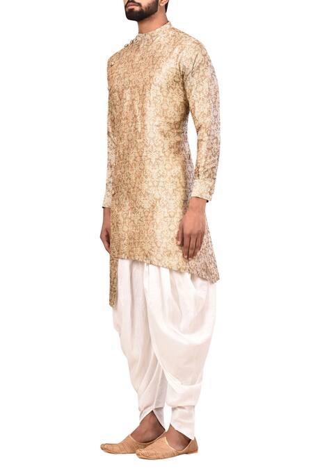 Shop_Arihant Rai Sinha_Beige Silk, Cotton Embroidery Jacquard Kurta Set _Online_at_Aza_Fashions