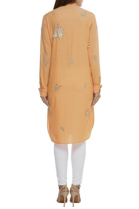 Shop Sahil Kochhar Orange Cotton Band Collar Embellished Kurta at Aza Fashions Shop_Sahil Kochhar_Orange Cotton Band Collar Embellished Kurta _at_Aza_Fashions