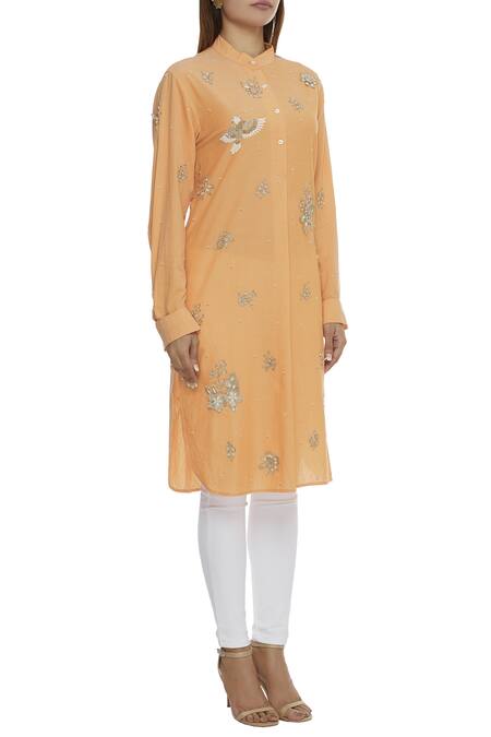Sahil Kochhar Orange Cotton Band Collar Embellished Kurta Online at Aza Fashions Sahil Kochhar_Orange Cotton Band Collar Embellished Kurta _Online_at_Aza_Fashions