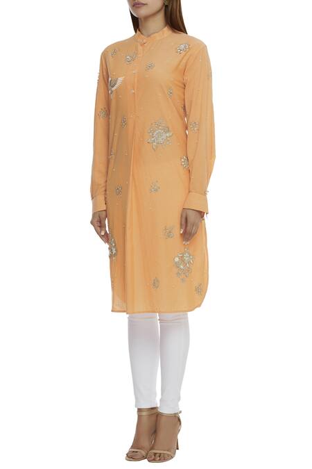 Buy Sahil Kochhar Orange Cotton Band Collar Embellished Kurta Online at Aza Fashions Buy_Sahil Kochhar_Orange Cotton Band Collar Embellished Kurta _Online_at_Aza_Fashions