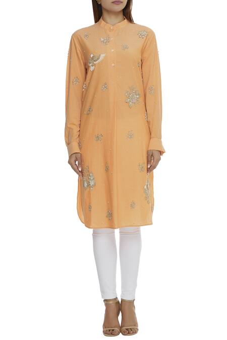 Shop Sahil Kochhar Orange Cotton Band Collar Embellished Kurta Online at Aza Fashions Shop_Sahil Kochhar_Orange Cotton Band Collar Embellished Kurta _Online_at_Aza_Fashions